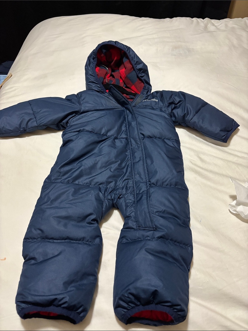 Columbia Navy Puffer Infant One-Piece Snowsuit with Red Plaid Hood Lining